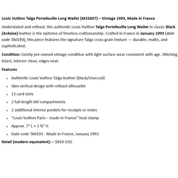 Louis Vuitton Taïga Portefeuille Long Wallet (M32607) – Vintage 1993 - Picture 2 of 5